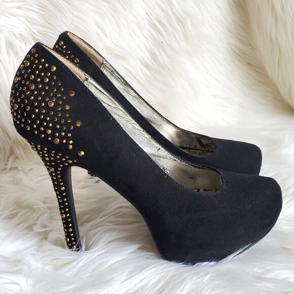 Material Girl Black Suede Gold Studs Platform Heels SZ 10 - Picture 1 of 11